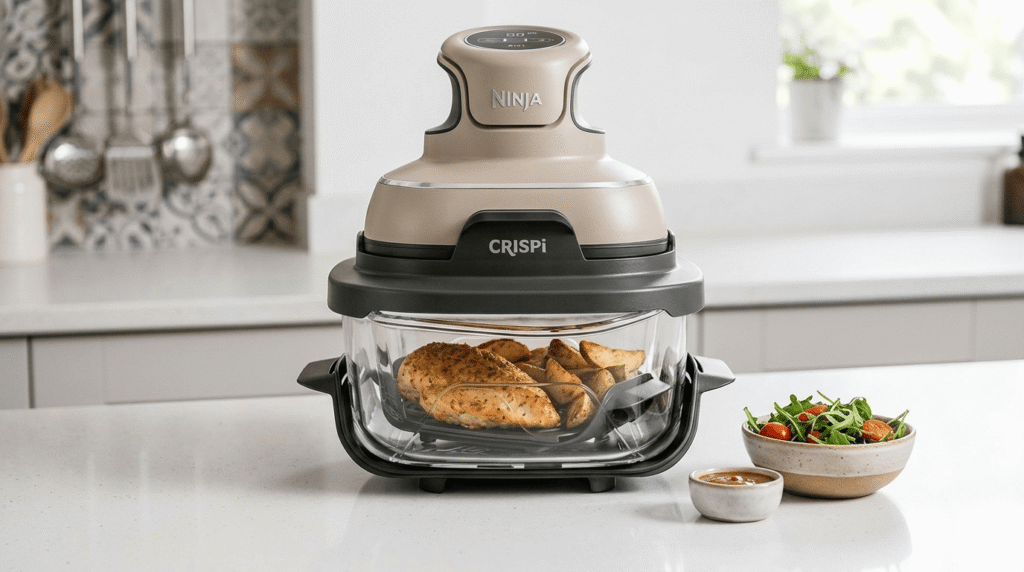 Ninja Crispi air fryer with roasted chicken and potato wedges inside a clear glass bowl on a kitchen counter.