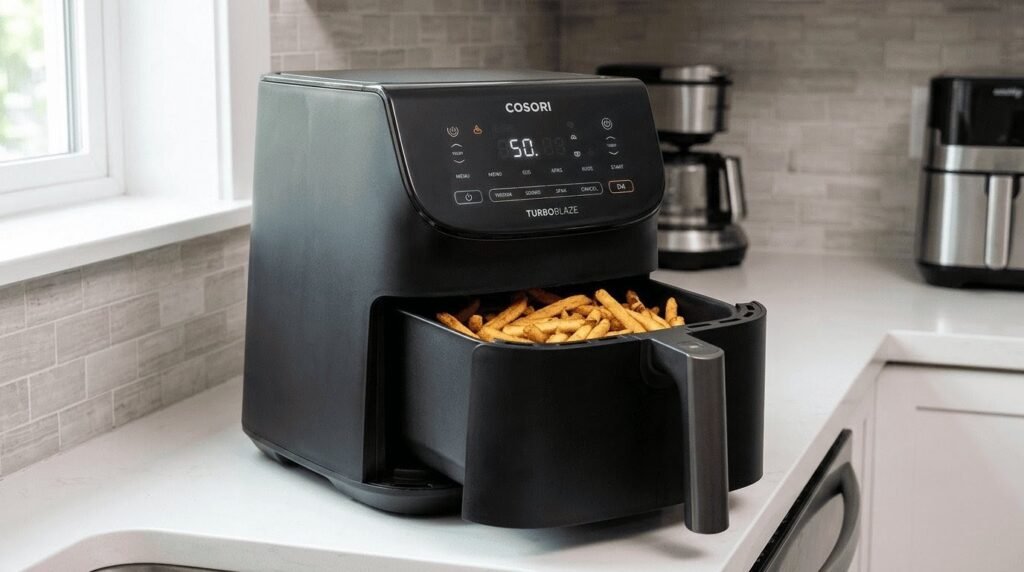 A black Cosori TurboBlaze air fryer on a kitchen counter with its drawer pulled open to reveal golden french fries.