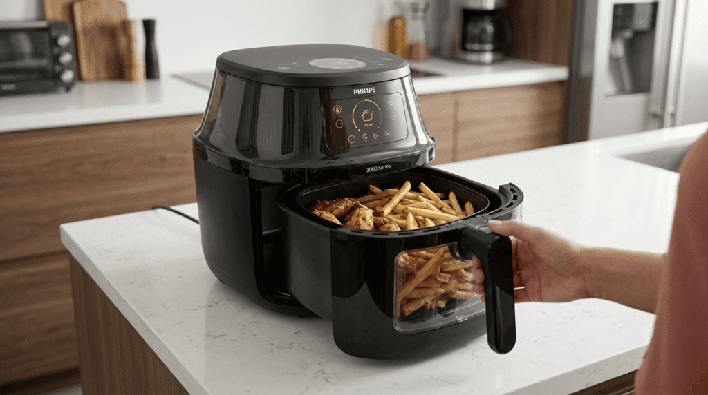 A black Philips 3000 Series air fryer on a kitchen counter with the drawer open, displaying cooked fries and chicken.