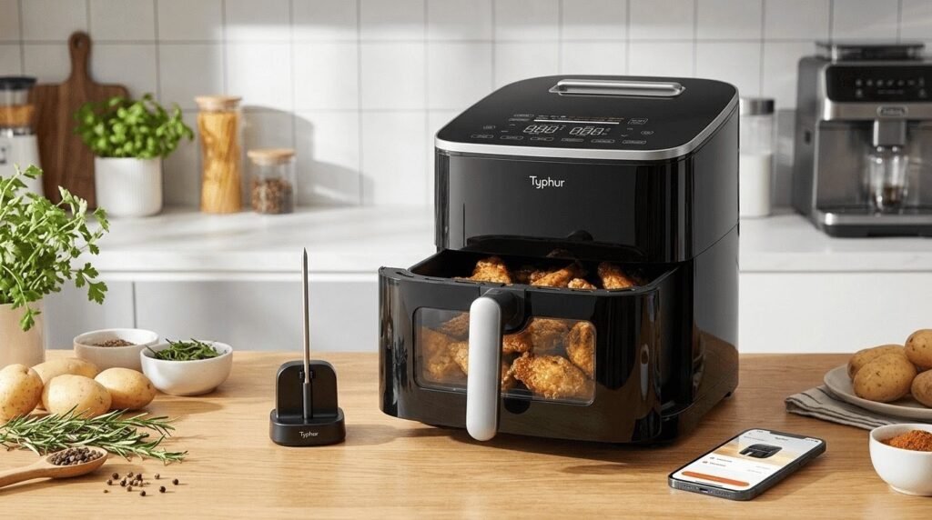 Black Typhur air fryer on a wooden counter with chicken wings inside the open drawer, next to a wireless probe and smartphone.
